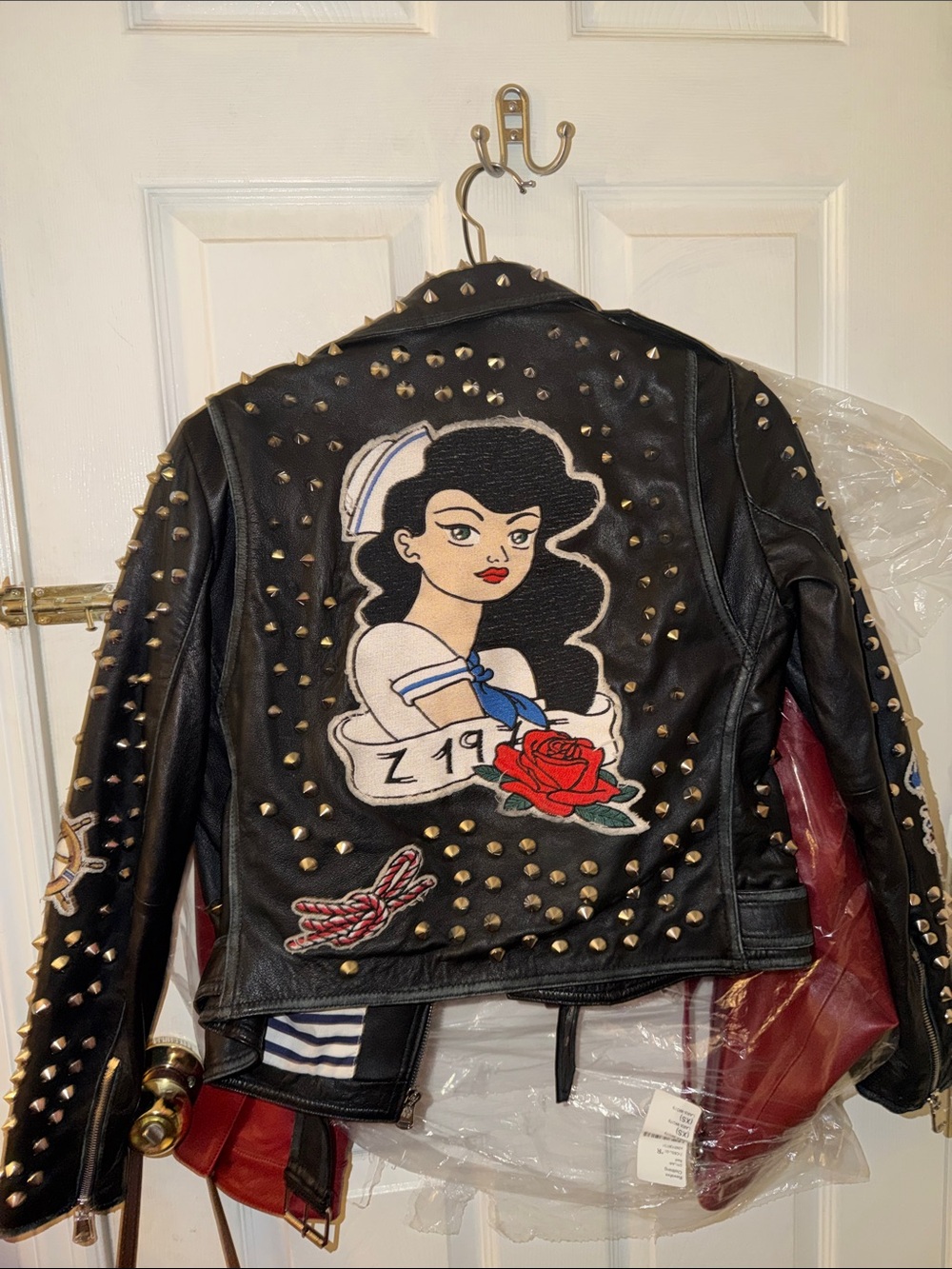 Zara Black Studded Leather Biker Jacket with Nautical Patches